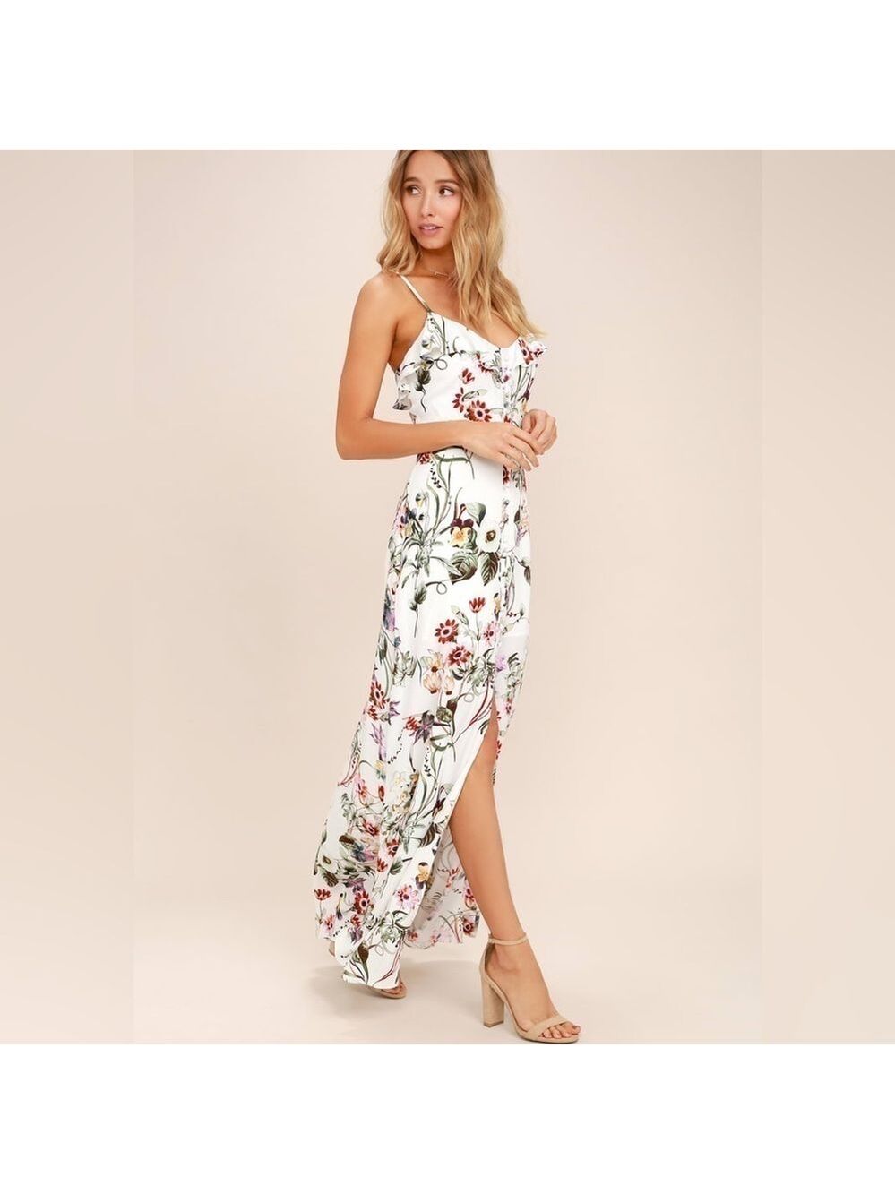 Lulu’s Floral Maxi Dress Bloom on Ivory ruffle spaghetti straps